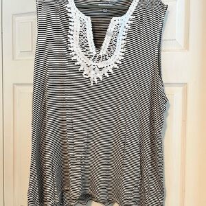 White Birch Black and White Striped Tank with Lace Neckline